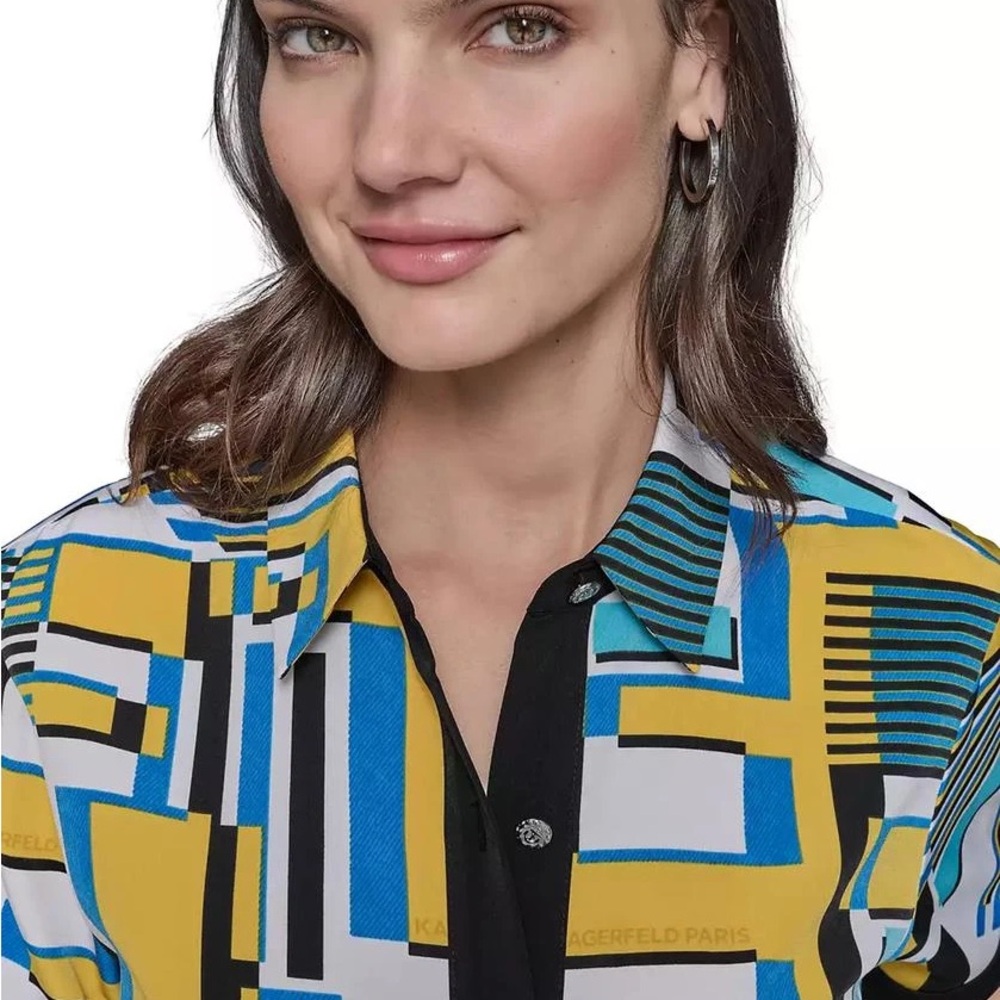 Karl Lagerfeld Women's Abstract-Print Button-Down Short-Sleeve Top - Picture 4 of 9